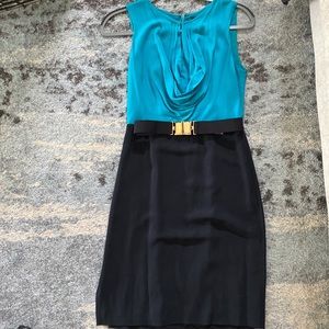 Teal and black BCBG Dress with gold buckle belt